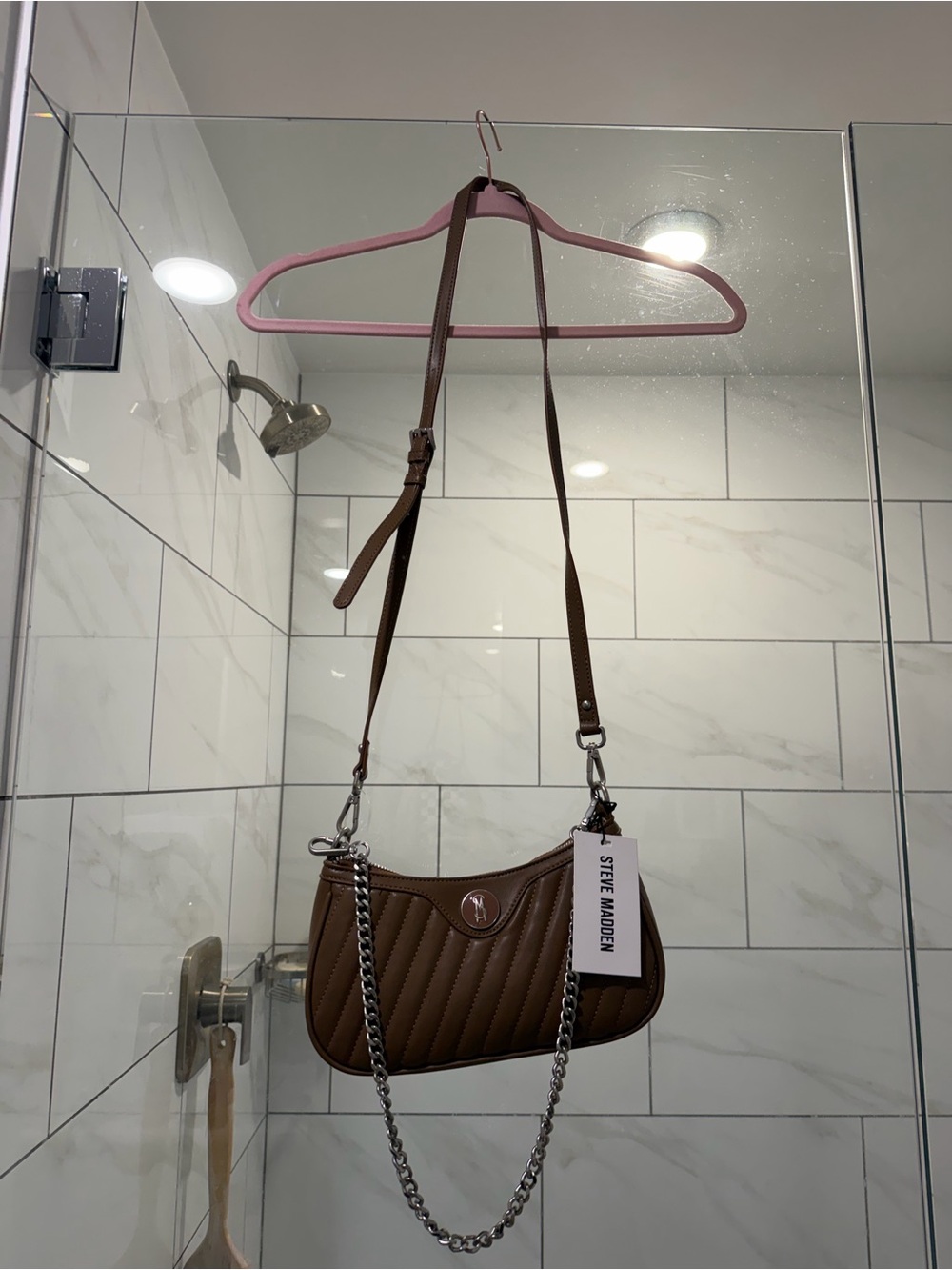Steve Madden Quilted Brown Shoulder Bag with Silver Chain